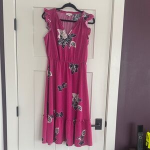 LOFT Pink Midi Dress with Black and White Floral Pattern